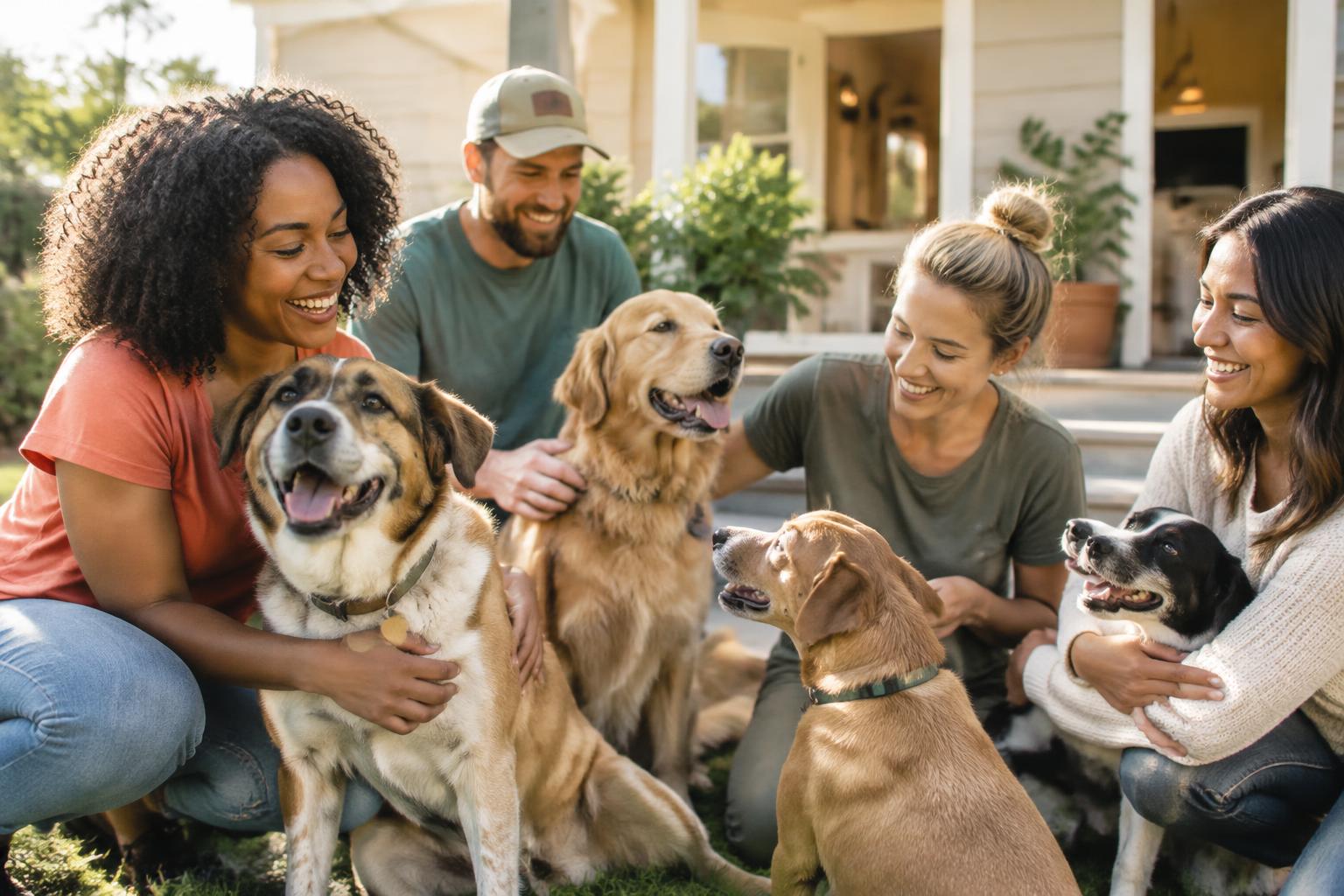 Rescue volunteers and foster caregivers enjoying time with happy dogs
