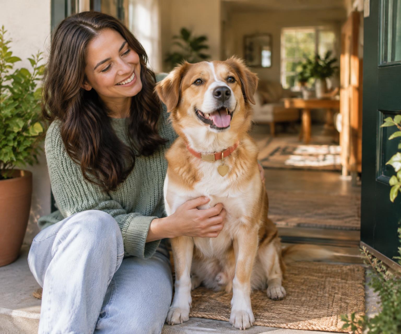 A joyful dog wearing an identification tag beside a loving family member at home